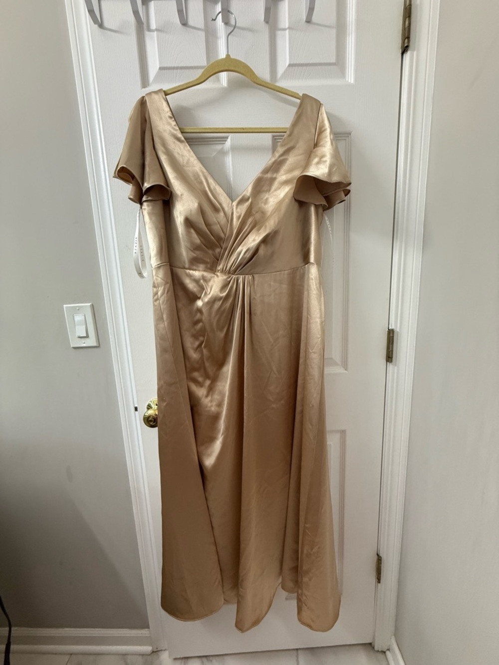 Azazie Soren Satin V-Neck Midi Dress in Champagne Gold